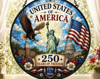 USA 250th Anniversary Stained Glass Suncatcher, Statue of Liberty Window Hanging, 1776-2026 Patriotic Eagle Decor, American Flag Glass Art