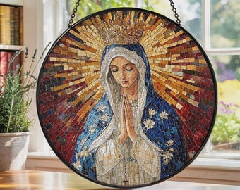 Virgin Mary Stained Glass Suncatcher, Catholic Window Hanging Art, Blessed Mother Mosaic Ornament, Religious Housewarming Gift