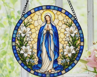 Virgin Mary Stained Glass Suncatcher, Blessed Mother Window Hanging, Catholic Religious Gift, Mother Mary Wall Art, Christian Home Decor
