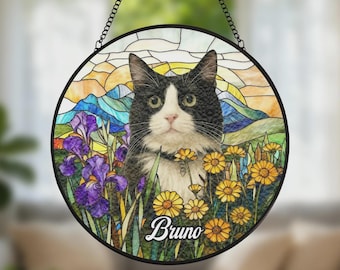 Custom Pet Suncatcher, Personalized Calico Cat Window Art, Sunflowers and Cat Portrait, Stained Glass Effect Acrylic Ornament, Pet Loss Gift