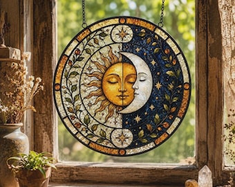 Celestial Sun and Moon Stained Glass Suncatcher, Glass Window Hanging, Boho Home Decor, Celestial Wall Art, Housewarming Gift for Her