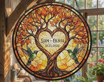 Personalized Wedding Gift Stained Glass Suncatcher, Tree of Life Heart Window Hanging, Custom Anniversary Gift, Hummingbird Glass Art Decor