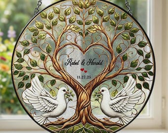 Personalized Wedding Gift Suncatcher, Custom Tree of Life Stained Glass, Anniversary Gift for Couples, Dove Love Birds Window Hanging