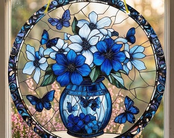 Blue Floral Stained Glass Suncatcher, Butterfly Window Hanging Decor, Round Flower Vase Glass Art, Mother's Day Gift, Botanical Sun Catcher