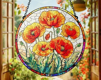 Poppy Stained Glass Suncatcher, Floral Window Hanging, Red Orange Flower Sun Catcher, Round Glass Art Panel, Housewarming Gift for Mom