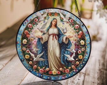 Virgin Mary Stained Glass Suncatcher, Blessed Mother Window Hanging, Religious Catholic Gift, Blessed Virgin Mary Acrylic Decor