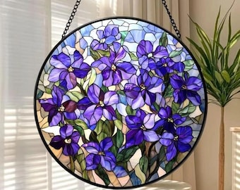 Purple Flower Stained Glass Suncatcher, Round Floral Window Hanging, Wildflower Panel Art, Mother's Day Gift, Botanical Home Decor