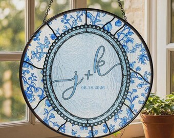 Personalized Wedding Gift Stained Glass Suncatcher, Custom Couple Monogram Window Hanging, Anniversary Gift, Blue and White Chinoiserie Art