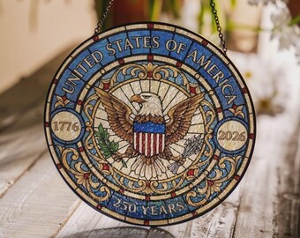 USA 250 Years Stained Glass Suncatcher, American Eagle Window Hanging, 4th of July Patriotic Decor, United States Semiquincentennial Gift