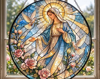 Virgin Mary Stained Glass Suncatcher, Blessed Mother Window Hanging, Religious Glass Art, Catholic Mother Gift, Christian Home Decor Panel