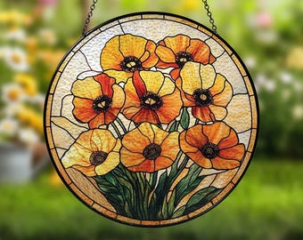 Poppy Stained Glass Suncatcher, Yellow Floral Window Hanging, Flower Sun Catcher, Orange Poppy Art, Garden Decor, Housewarming Gift