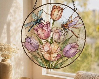Stained Glass Suncatcher, Dragonfly Tulip Window Hanging, Floral Glass Art, Housewarming Gift, Spring Home Decor, Round Glass Panel Art