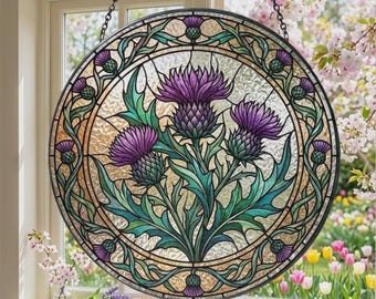 Thistle Stained Glass Suncatcher, Purple Flower Window Hanging, Scottish Floral Sun Catcher, Round Glass Art Panel, Housewarming Gift