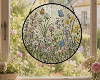 Wildflower Stained Glass Suncatcher, Butterfly Window Hanging Decor, Floral Glass Acrylic Art, Garden Lover Gift, Round Flower Sun Catcher