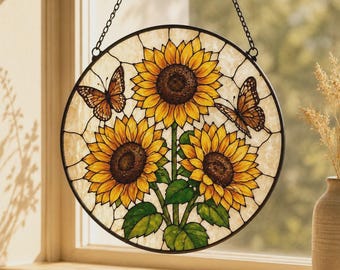 Sunflower Stained Glass Suncatcher, Butterfly Window Hanging Decor, Floral Glass Art, Summer Garden Wall Ornament, Gift for Housewarming