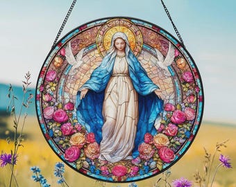 Virgin Mary Stained Glass Suncatcher, Blessed Mother Window Hanging, Religious Christian Gift, Catholic Church Decor, Madonna Acrylic Panel