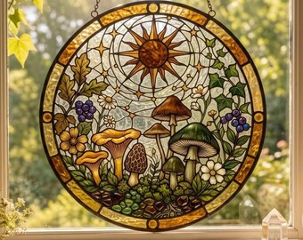Stained Glass Mushroom Suncatcher, Forest Window Hanging, Woodland Nature Decor, Handmade Glass Sun Catcher, Cottagecore Gift
