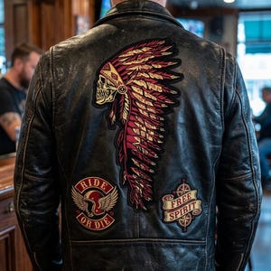 Native American Skull Headdress Patch –Embroidered Iron-On Biker Vest Applique