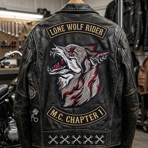 Puede incluir: Chaqueta de cuero negra con un parche de lobo en la espalda, con el texto "LONE WOLF RIDER" y "M.C. CHAPTER 1". El parche del lobo es gris, rojo y blanco. Parches adicionales incluyen una brújula y llaves inglesas.