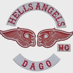 May include: A set of embroidered patches featuring the words "HELLS ANGELS" in red arched over two red winged skull patches and a "DAGO" patch. A small rectangular patch with "MG" is also included.