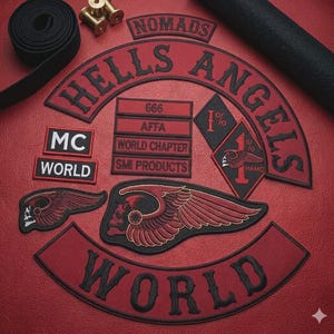 May include: A collection of red and black embroidered patches with various text and graphic designs. The patches include the words "HELLS ANGELS", "NOMADS", "WORLD", "MC WORLD", and other text. There are also patches with a skull and wings design.