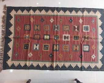 Tappeto Kilim in lana e iuta fatto a mano: forma rettangolare geometrica, stile turco, multicolore, di grandi dimensioni, a tessitura piatta, stile boho tradizionale, ideale per la decorazione della cucina.