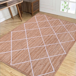 Handmade Natural Braided Jute Rug: 6x10 Ft White Stripes Bohemian Rectangle Modern Farmhouse Decor, Boho Nursery Hallway Indoor Rug
