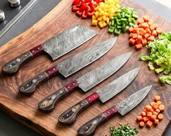 Hand Forged Damascus Steel Chef Knife Set, Kitchen Knives | Chef Knive Set, Handmade 5 Pcs Luxury Damascus Knife Gift for him, Gifts for her