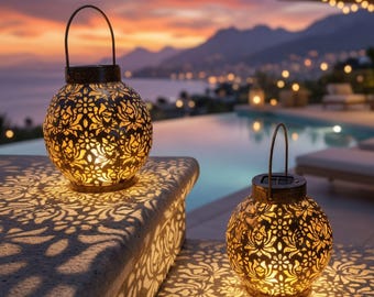 Solar Hanging Lantern | Vintage Hollow Metal Projection Light | Waterproof Outdoor Garden Lamp