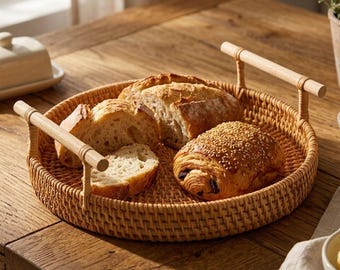 Handwoven Rattan Basket with Lid, Handles | Round Wicker Serving Tray, Farmhouse Decor