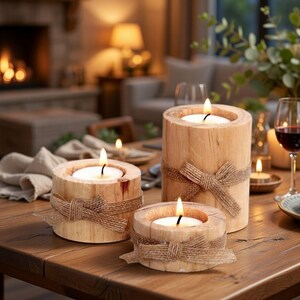 3-Piece Rustic Wooden Candle Holder Set | Handmade Tea Light Centerpiece & Mini Succulent Pot | Vintage Farmhouse Table Decor | Wedding Gift