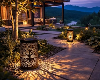 Bronze Solar Hanging Lantern | Tree of Life Garden Light | Metal Cutout Projection Lamp | Waterproof Patio Decor | Mothers Day Yard Gift