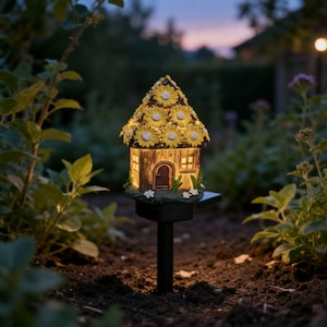 Op de afbeelding: Een zonne-aangedreven tuinpaal met een miniatuurhuis. Het dak is versierd met gele en witte bloemen. Het huis heeft een bruine deur en ramen die warm oplichten. De zwarte paal staat in een tuinbed, omringd door groen.
