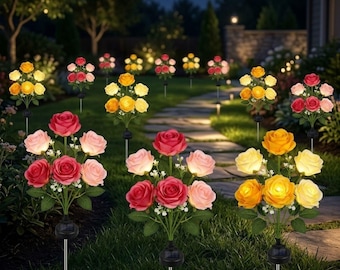 3 color Solar Lotus Flower Pathway Lights | Red, Yellow Silk Blooms, Waterproof Garden Decor