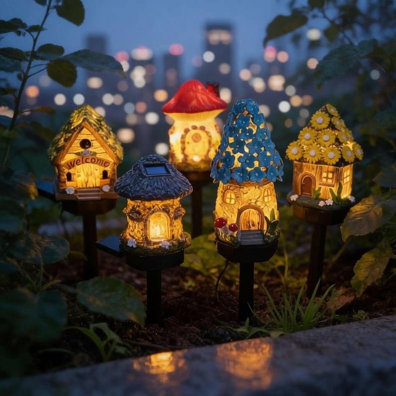 Op de afbeelding: Een verzameling verlichte tuinpalen in de vorm van grillige fee&euml;nhuizen. Elk huis heeft unieke details, waaronder bloemen- en paddenstoelaccenten en zonnepanelen. De huizen worden verlicht met een warme gloed, wat een magische sfeer cre&euml;ert.