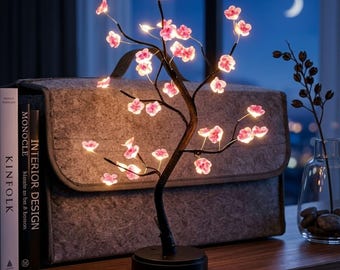 Cherry Blossom Bonsai Tree Lamp, Pink LED Floral Night Light, Touch Sensor Bedside Decor