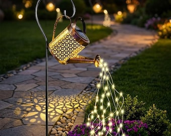 Solar Watering Can Light with Metal Stand | Rustic Waterfall Fairy Lights Yard Decor