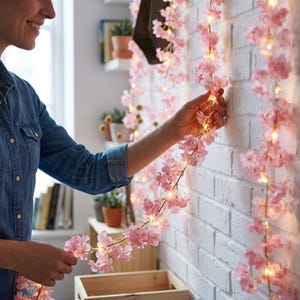 May include: Pink cherry blossom string lights are draped on a white brick wall. The lights are illuminated, and the blossoms are a soft pink color. The lights are being arranged by a person wearing a denim shirt. The lights are a decorative element.