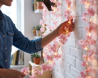 Cherry Blossom String Lights | Pink Flower Vine Fairy Light |  Floral Garland | Bedroom Aesthetic Decor | Hanging Wall Light