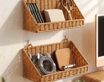 Faux Rattan Wall Hanging Basket, Rustic Boho Storage Organizer, Drill-Free Hooks