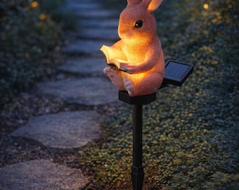 Solar Powered Reading Rabbit Garden Light | Waterproof Resin Bunny Lamp, Outdoor Pathway Decor