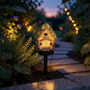 Op de afbeelding: Een zonne-aangedreven tuinpaal met een miniatuurhuisje met een rieten dak. Het huisje straalt warm met het woord "Welcome" verlicht. De paal staat in een tuinpad, omringd door groen.