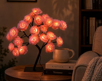 Rose Tree Table Lamp | USB LED Night Light | Bonsai Fairy Light Tree | Romantic Cherry Blossom Desk Decor | Bedroom Lamp | Gift for Her