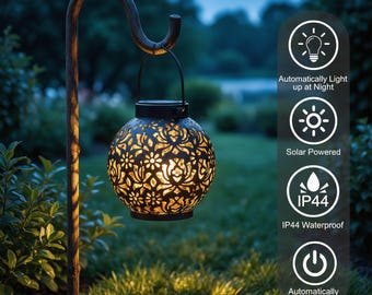 Solar Hanging Lantern | Vintage Hollow Metal Projection Light | Waterproof Outdoor Garden Lamp | Iron Patio Yard Decor | LED Landscape Art
