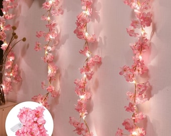 Cherry Blossom LED String Lights | Pink Floral Garland Vine (Battery Powered)
