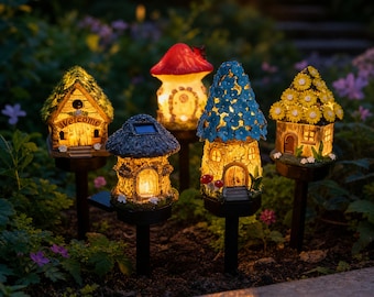 Solar Mushroom House Garden Light | Fairy Cottage LED Stake Lamp | Waterproof Resin Outdoor Decor | Lawn & Pathway Landscape Solar Lamp