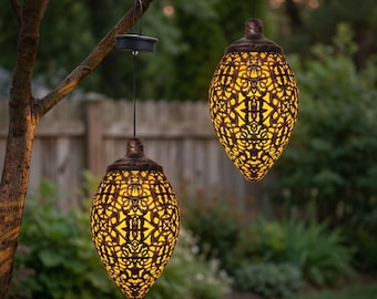 Water Drop Solar Lantern | Vintage Metal Garden Light | Hollow Projection Lamp | Waterproof Patio Decor | Outdoor Yard Hanging Light