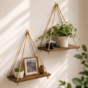 Wooden Hanging Rope Shelf | Boho Rustic Wall Mounted Float | Plant Pot Tray Storage | Living Room Bedroom Decor | Artisan Gift Her