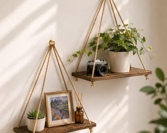 Boho Wall Shelf Every Plant Lover's Home Is Missing!  Wooden Hemp Rope Hanging Shelf