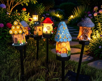 Solar Mushroom House Garden Light | Fairy Cottage LED Stake Lamp | Waterproof Resin Outdoor Decor | Lawn & Pathway Landscape Solar Lamp